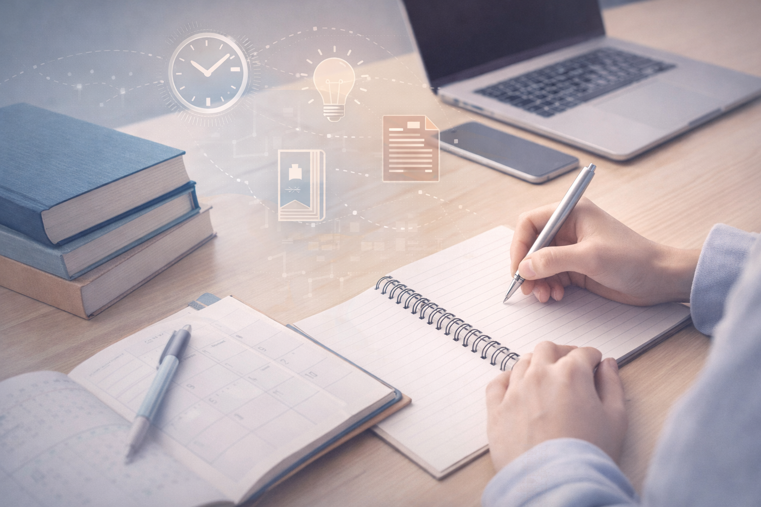 Academic reflective-learning cover image showing a student writing in a notebook beside academic books, a planner, and a laptop, with subtle visual icons representing time management, referencing, and critical thinking, rendered in calm neutral blue and warm tones with a minimalist, professional educational aesthetic.