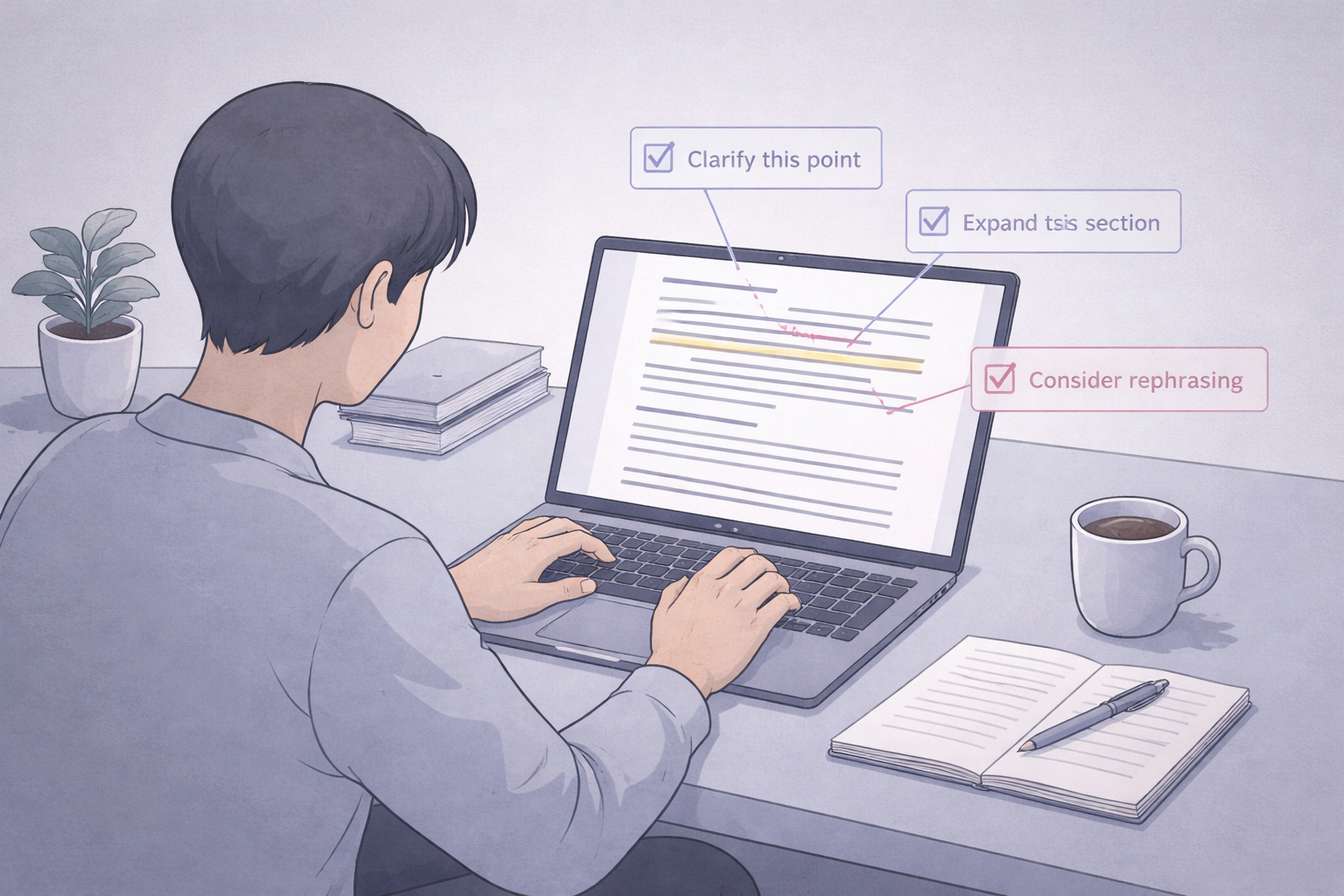 Clean academic illustration of a student working on a laptop with annotated feedback and revision notes displayed digitally, presented in a professional university style with neutral blue and grey tones and a calm, focused atmosphere.