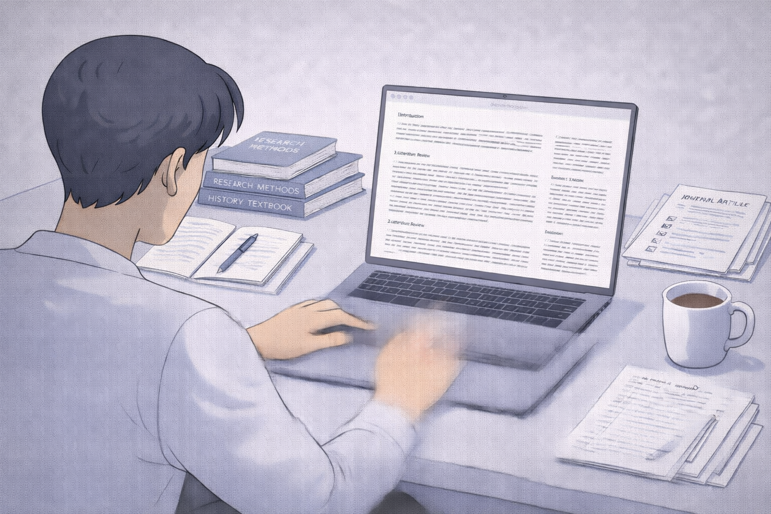 Clean academic illustration of a university student revising an essay at a desk, with annotated notes on paper, a laptop displaying an academic document, and reference books nearby, shown in a neutral scholarly colour palette within a calm study environment.