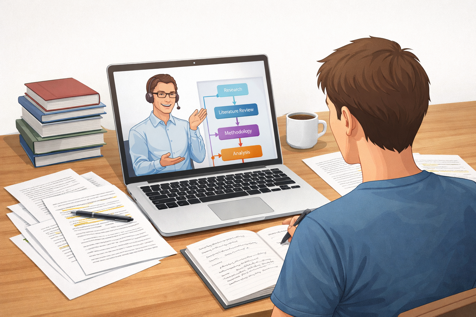 Minimalist academic illustration of a student receiving online dissertation guidance on a laptop, with books and research papers on a desk and a digital workflow diagram showing research → literature review → methodology → analysis → dissertation.