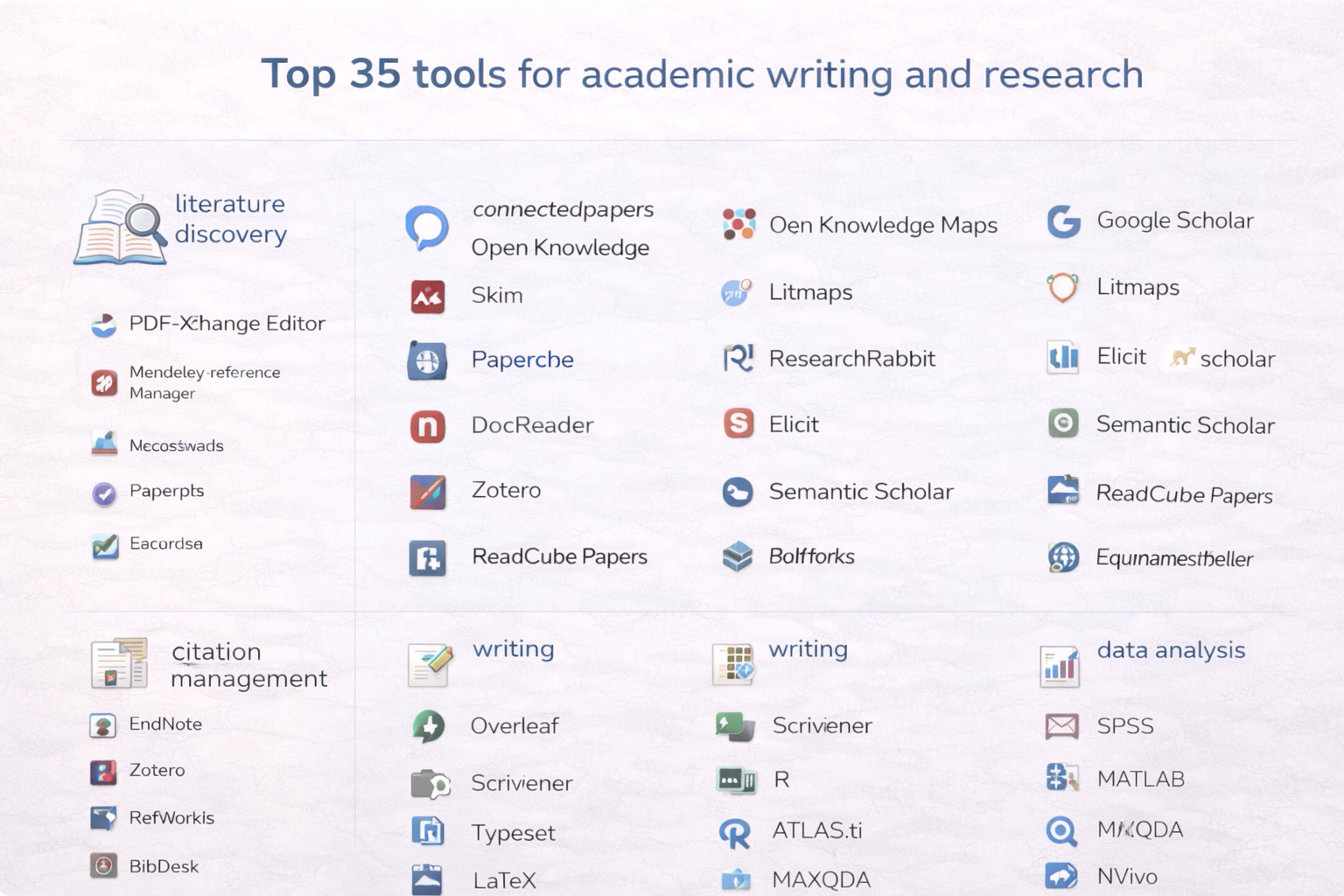 Minimalist academic infographic showing a curated set of tools for academic writing and research, visually grouped into literature discovery, PDF reading, citation management, writing support, and data analysis, presented in a clean university-style design with blue accent tones.