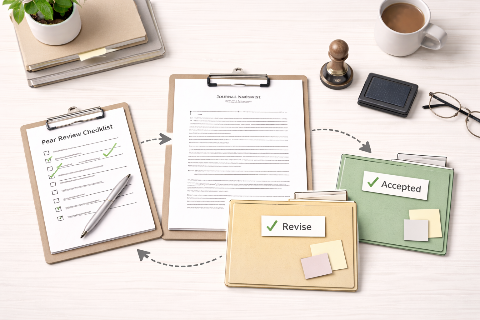 Minimalist academic editorial-style scene depicting a journal manuscript alongside a peer review checklist, an editor’s desk stamp, and visual pathways representing acceptance and revision decisions, arranged in a clean university aesthetic with neutral tones.