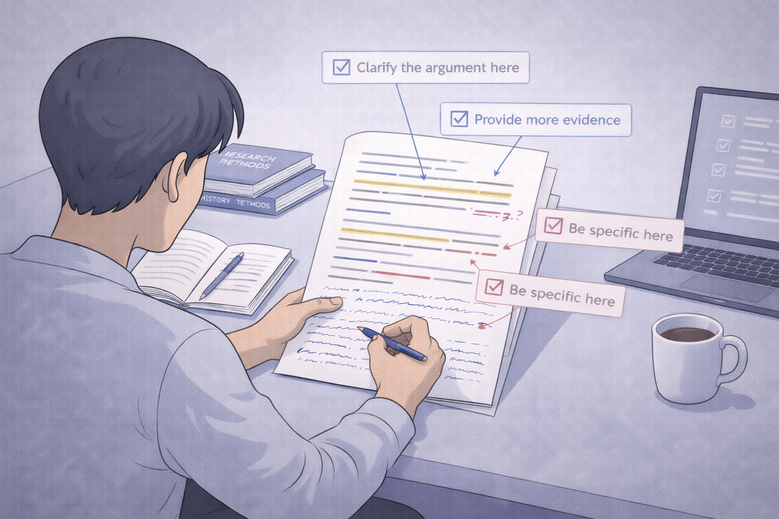 Professional academic illustration of a university student revising an essay with annotated feedback, reference books, and a laptop arranged on a desk, presented in a clean, scholarly university style with neutral academic colours.