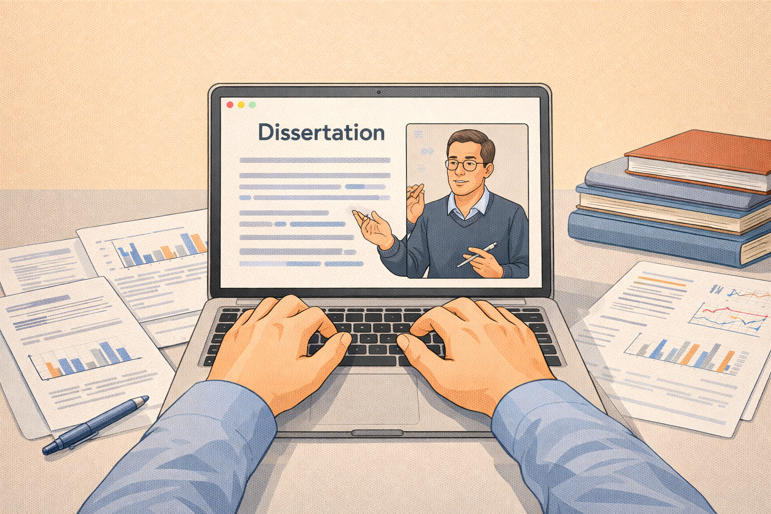 Minimalist academic illustration of a PhD student working on a dissertation on a laptop, surrounded by research papers, graphs, and books, while receiving online academic guidance from a mentor via a video call on the screen.