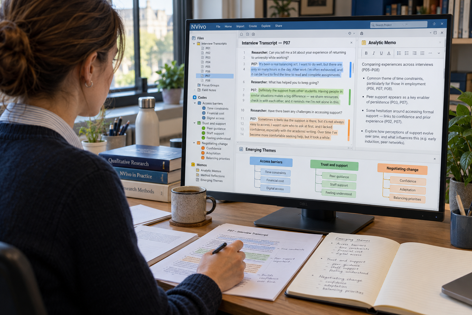 Graduate researcher coding highlighted interview transcripts in NVivo, with organised qualitative codes, an analytic memo, and an emerging thematic map on screen.