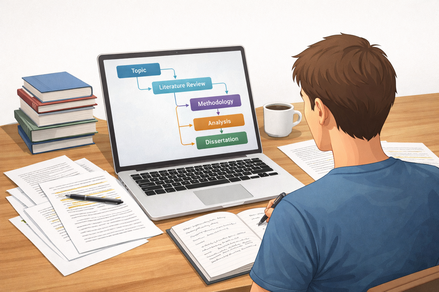 Minimalist academic illustration of a university student working on a dissertation at a desk with books, a laptop, and research papers, featuring a visual flow diagram showing stages: topic → literature review → methodology → analysis → dissertation.