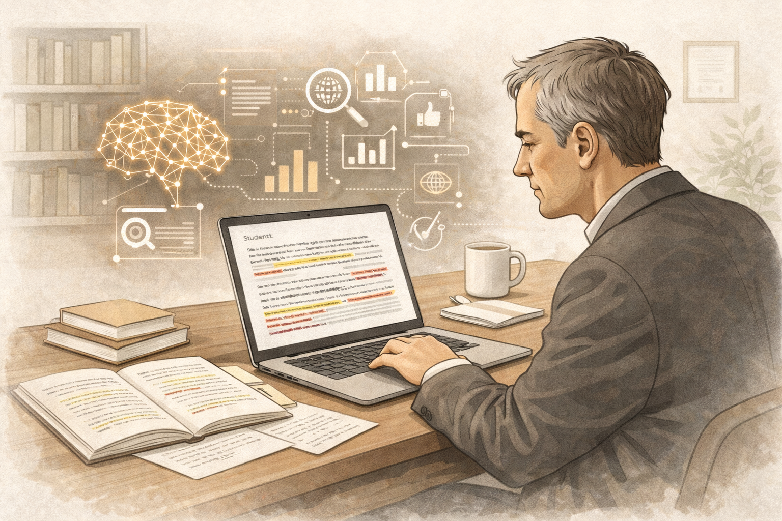 Professional academic illustration of a lecturer reviewing a student essay on a laptop, with abstract AI analysis indicators in the background alongside printed notes and reference books, shown in a neutral scholarly colour palette.