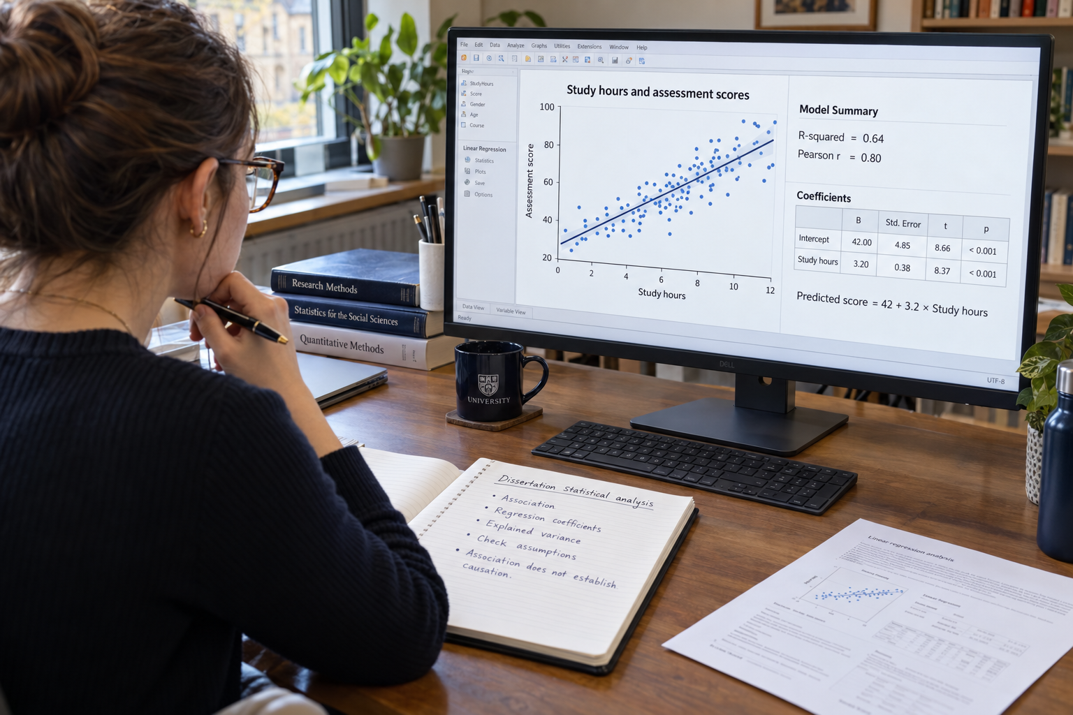 Postgraduate researcher reviewing a correlation scatterplot, regression line, coefficients, and R-squared alongside dissertation statistical analysis notes.