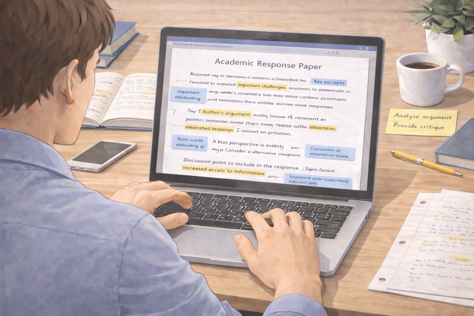 Student writing an academic response paper on a laptop, with highlighted text and annotated notes visible on the screen and desk, working in a quiet, focused study environment..