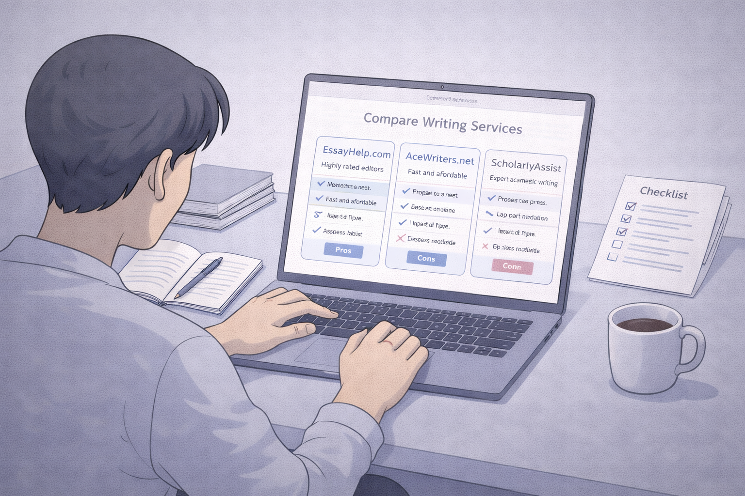 Clean academic illustration of a university student comparing writing service options on a laptop, with notebooks, assessment briefs, and a checklist arranged on a desk, presented in a neutral scholarly colour palette with a professional and trustworthy tone.