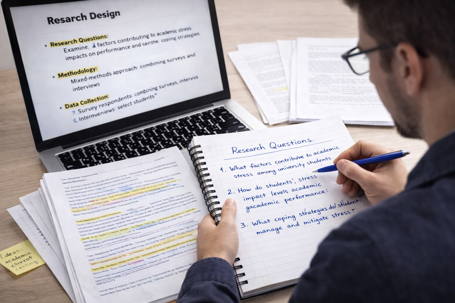 University student writing research questions in a notebook beside academic journal articles and a laptop showing research design notes.