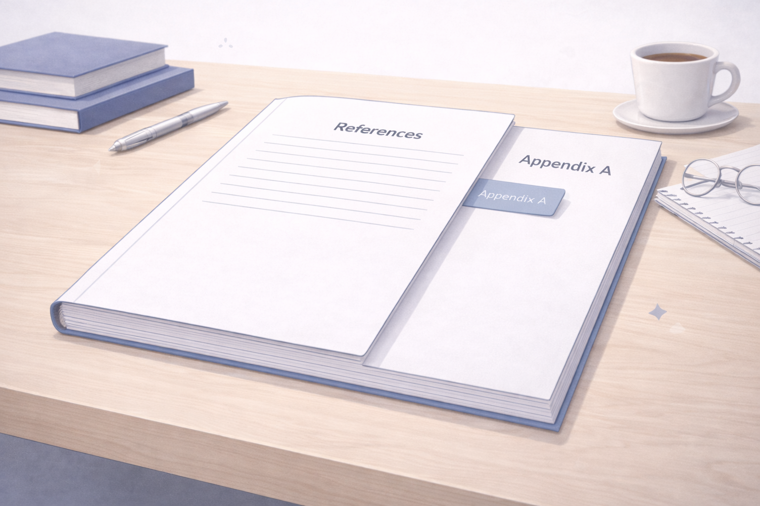 Minimalist academic illustration of a university essay displayed in a clean layout, with the references section followed by a clearly marked Appendix A, presented in neutral scholarly colours and a professional academic style.