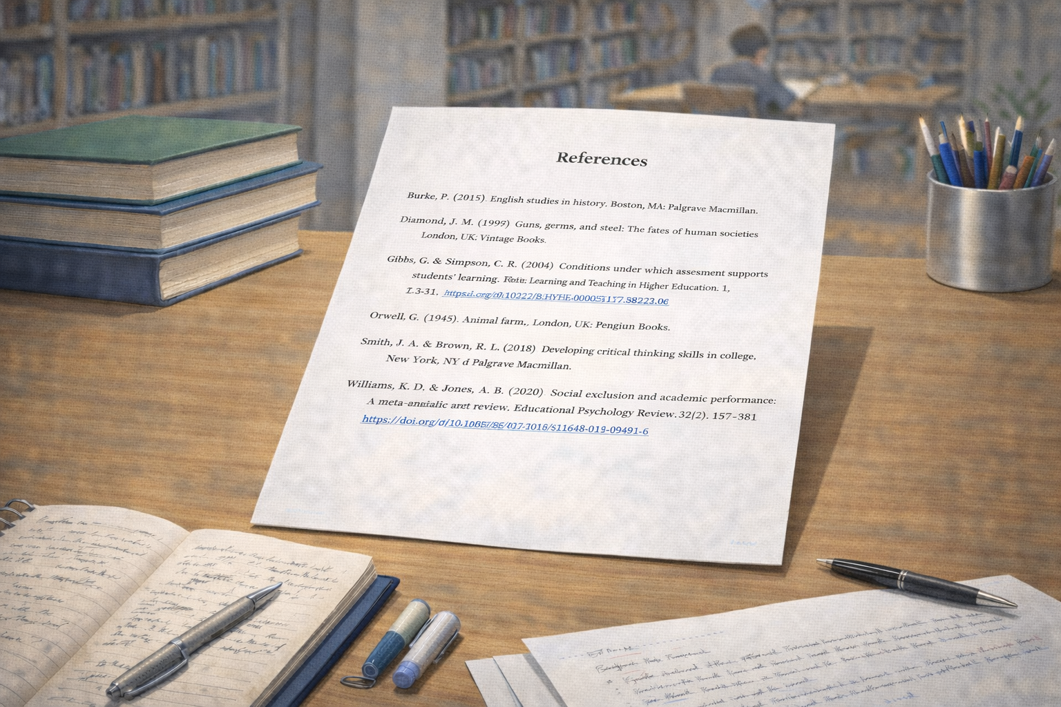 Academic illustration of a reference list page formatted in APA 7 style, featuring a clean layout with hanging indents, displayed on a scholarly desk in a professional academic setting.