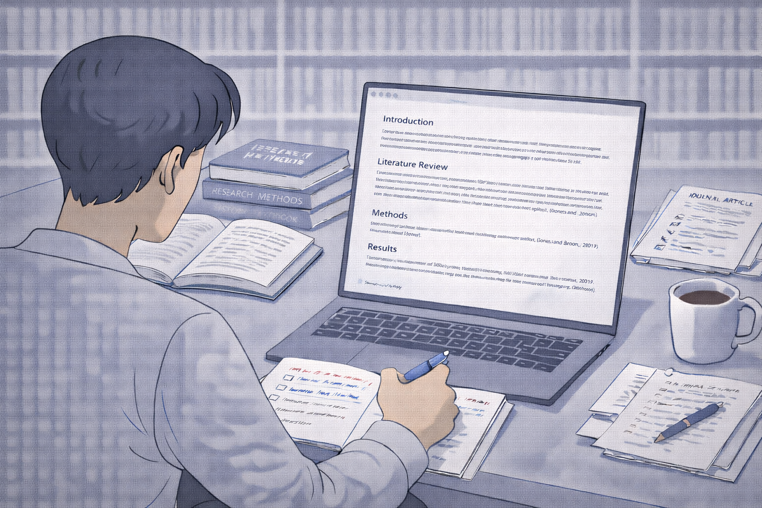 Professional academic illustration of a university student working on a research paper at a desk, with a laptop displaying a structured academic document featuring headings and citations, alongside open books and printed journal articles in a calm scholarly environment with a neutral university colour palette.