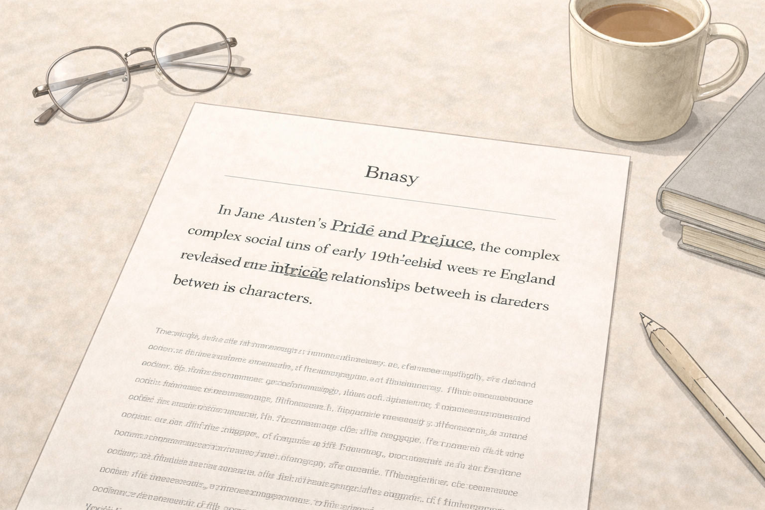 Minimalist academic illustration of an essay page with a clearly italicised book title, presented in a clean university-style layout using a neutral scholarly colour palette.