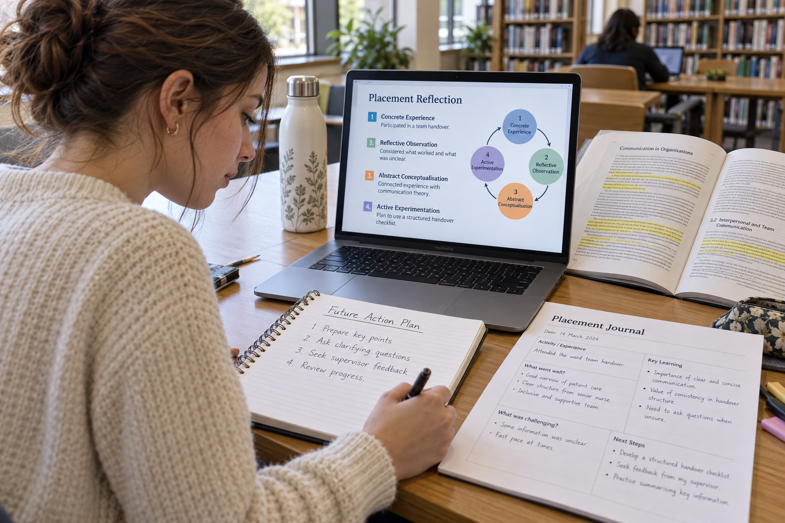 University student applying Kolb’s four-stage reflective cycle to a placement experience using theory, reflective notes, and a future action plan.