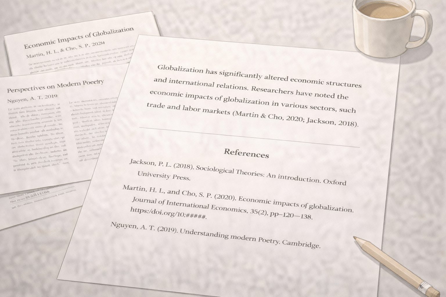 Minimalist academic illustration of a university essay with APA-style in-text citations, a clearly structured reference list, and accompanying research articles, presented in a clean university style with neutral scholarly colours.