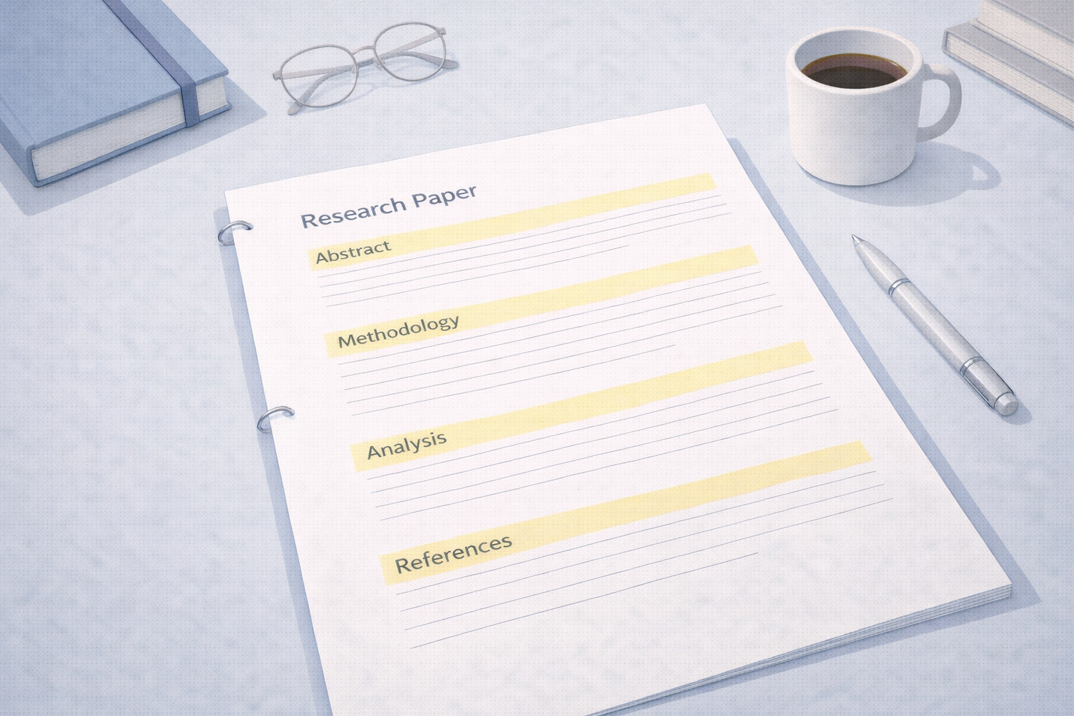 Clean academic illustration of a research paper on a minimalist university desk, with key sections highlighted to represent abstract, methodology, analysis, and references, using neutral blue and grey scholarly tones.