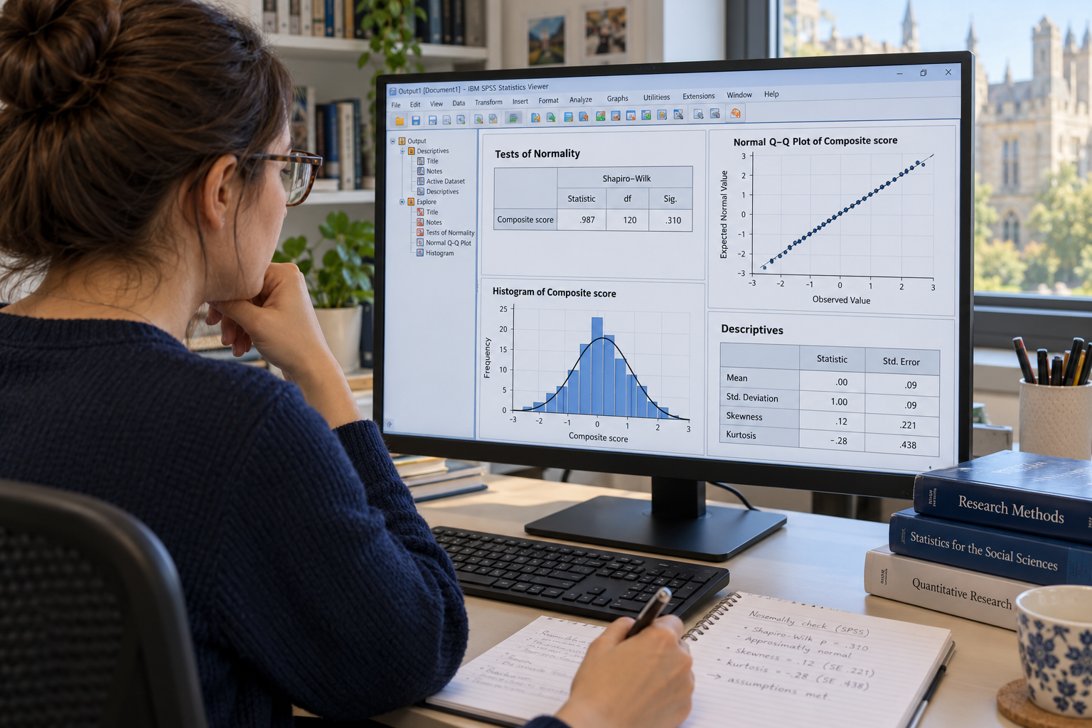 Postgraduate researcher reviewing SPSS normality output showing a Shapiro–Wilk table, Q–Q plot, histogram, and skewness and kurtosis statistics.