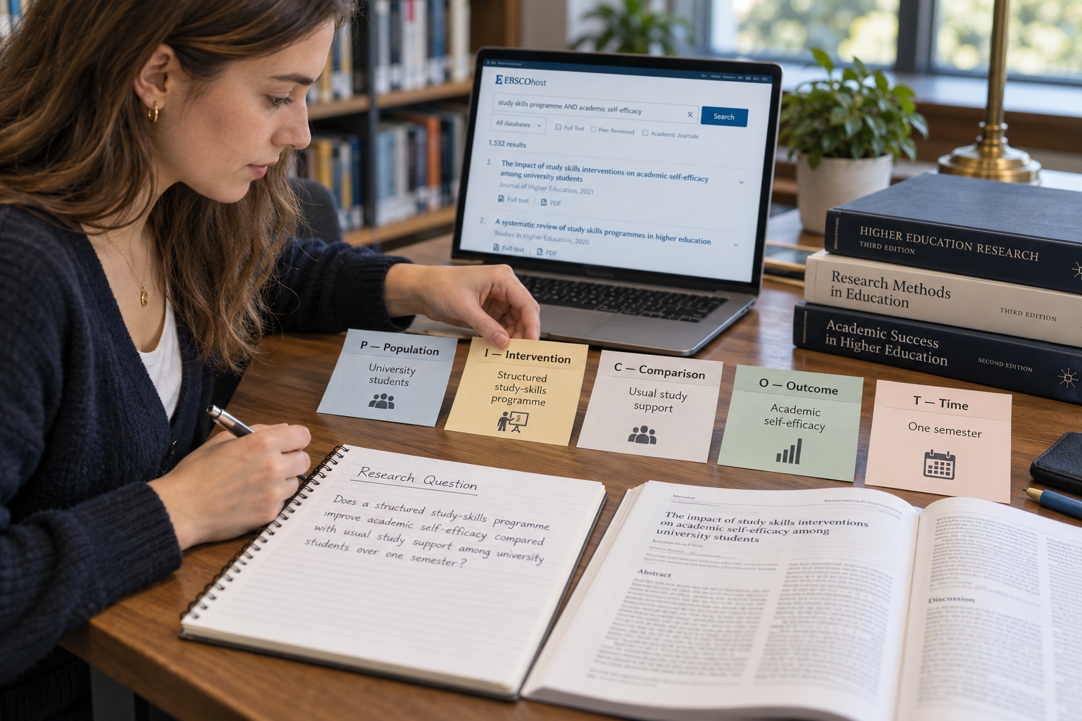 University student developing a research question using Population, Intervention, Comparison, Outcome, and Time notes beside academic journals and a laptop.