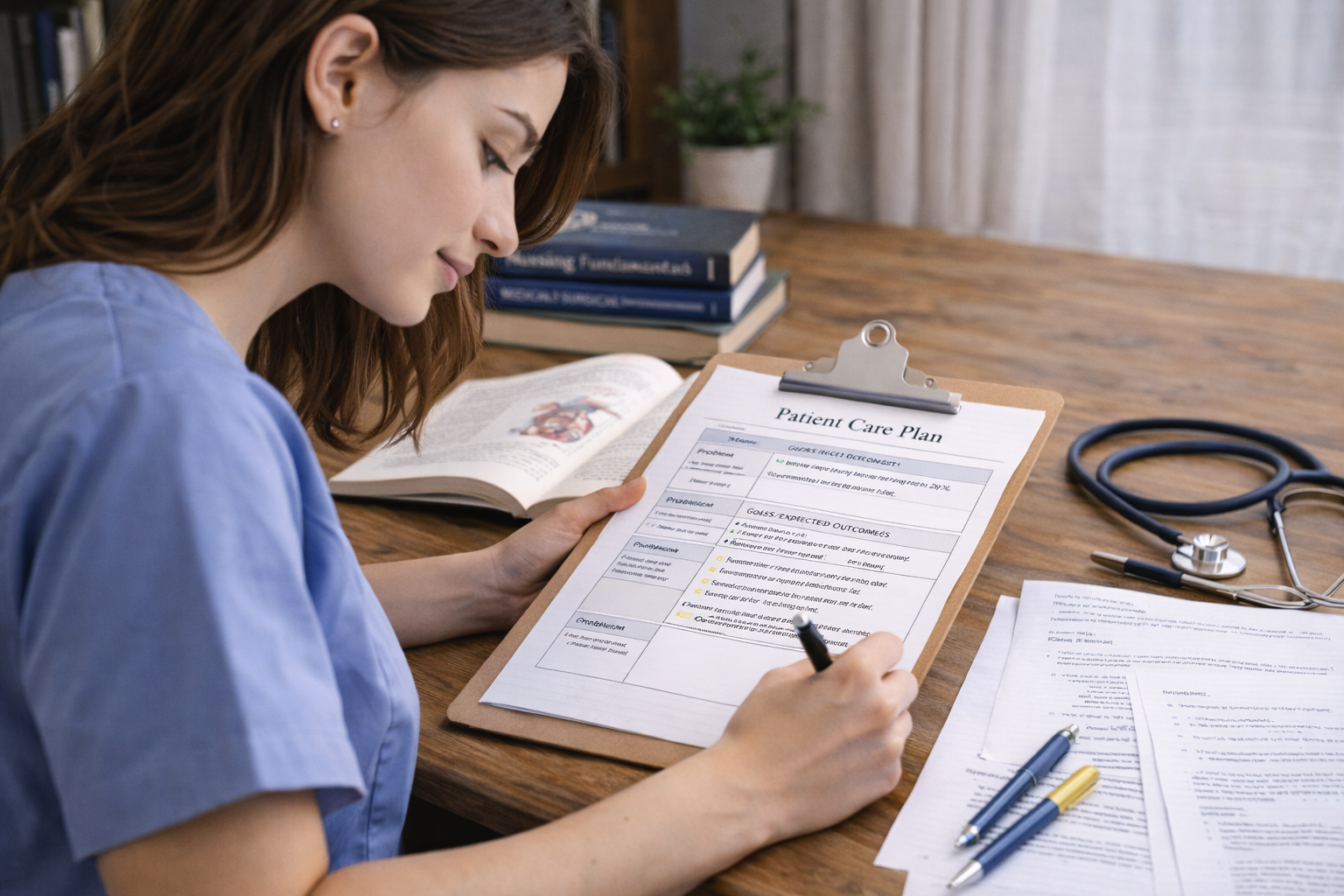 Nursing student in a quiet university study setting creating a patient care plan on a clipboard at a desk, with nursing textbooks, clinical notes, and a stethoscope arranged nearby.