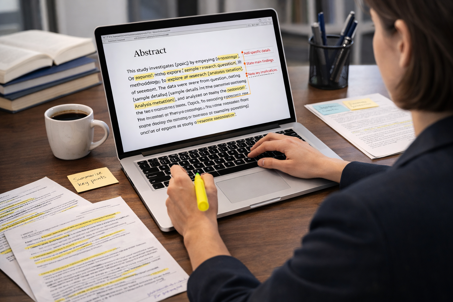 Student reviewing and writing a thesis abstract on a laptop with highlighted notes and structured text in a clean academic workspace