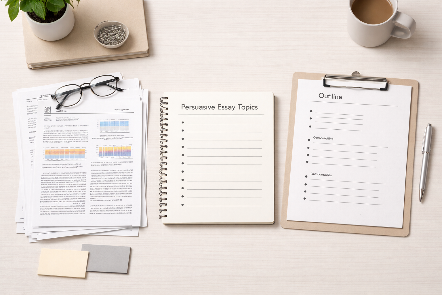 Minimalist academic desk scene showing organised research articles, a notebook for persuasive essay planning, and a clearly structured essay outline arranged neatly in a professional university study environment with neutral tones.