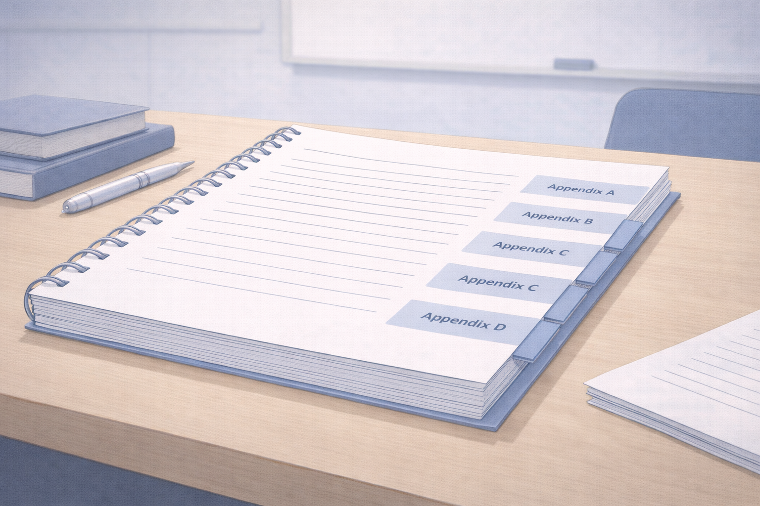 Minimalist academic illustration of a printed dissertation displayed on a university-style desk, with clearly separated appendices visible at the end of the document, using neutral scholarly tones and a clean, professional layout.
