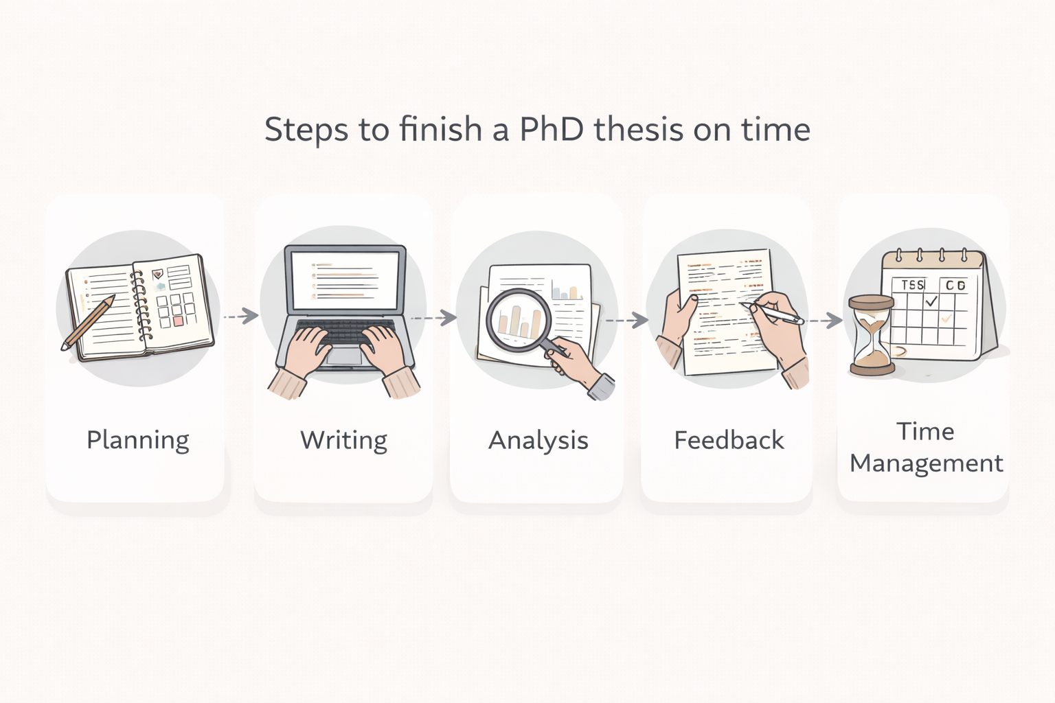 Minimalist academic infographic illustrating the sequential stages of completing a PhD thesis on time, represented through planning, writing, analysis, feedback, and time management in a clean university-style layout with neutral colours.