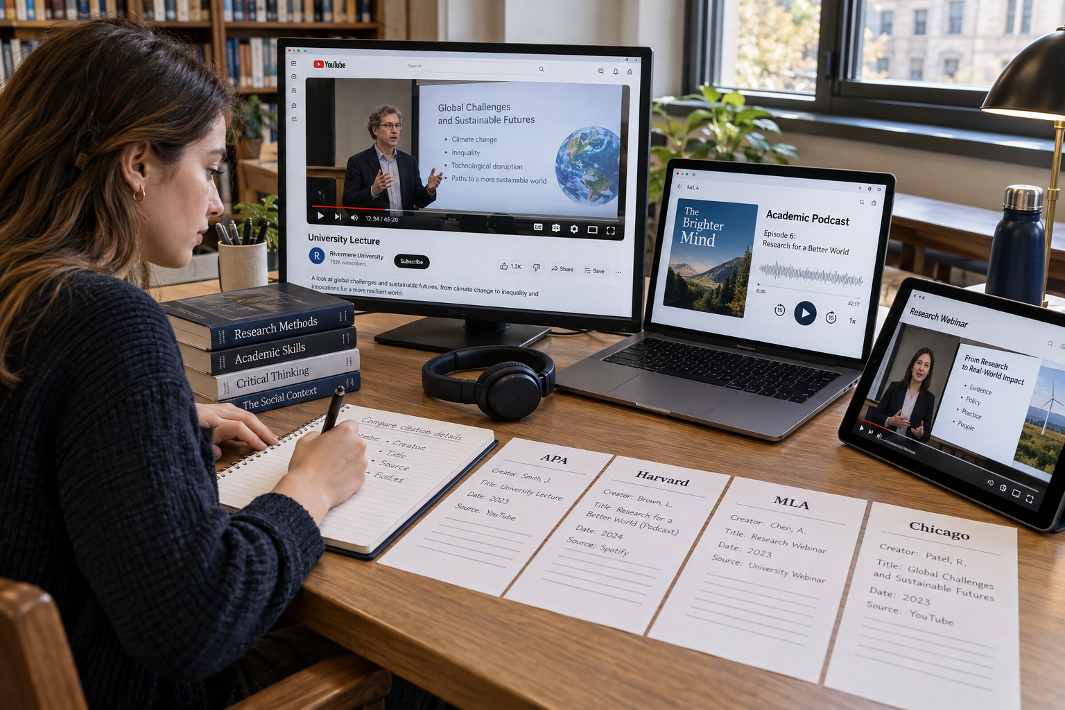 University student referencing a YouTube lecture, academic podcast, and webinar while comparing APA, Harvard, MLA, and Chicago citation formats.