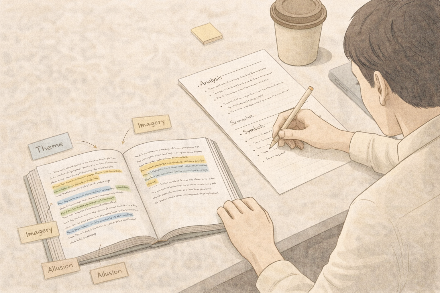 Minimalist academic illustration of a university student analysing a literary text, with annotated margins, highlighted passages, and neatly structured notes arranged on a desk, presented in a clean university style with neutral scholarly tones.