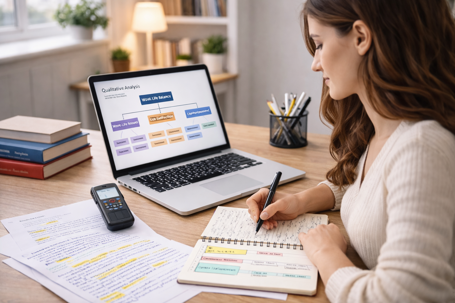Graduate student conducting qualitative research with interview notes, a voice recorder, and thematic coding charts displayed on a laptop and notebook in a focused academic workspace