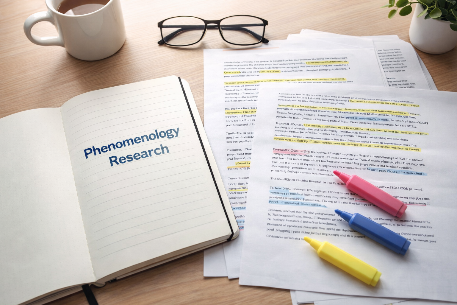 Clean academic desk with a notebook titled “Phenomenology Research,” printed interview transcripts highlighted for themes, and pens arranged in soft natural light.