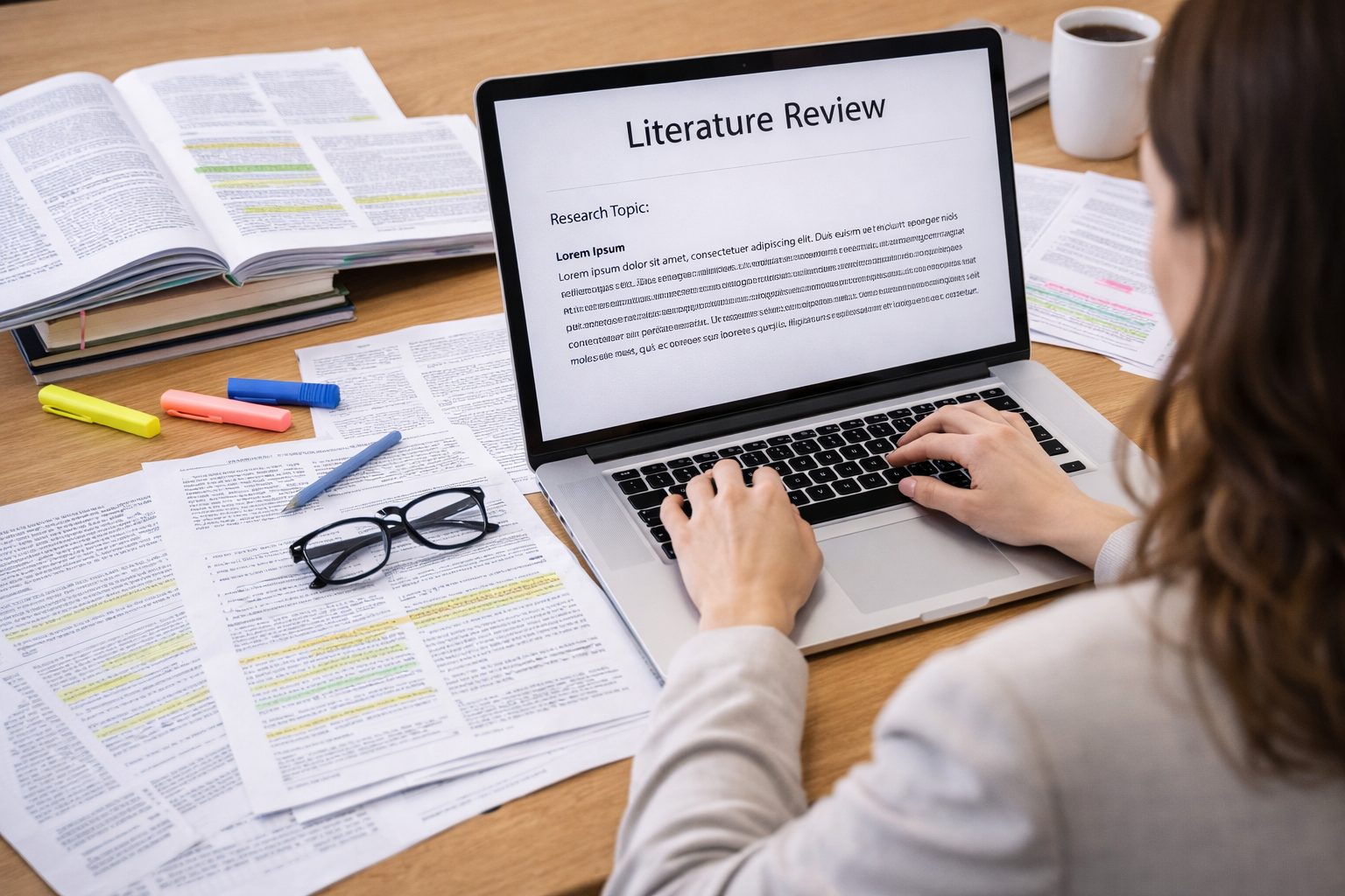 Graduate student writing a literature review chapter on a laptop with academic journals, highlighted research papers, and notes arranged across a study desk in a focused academic workspace