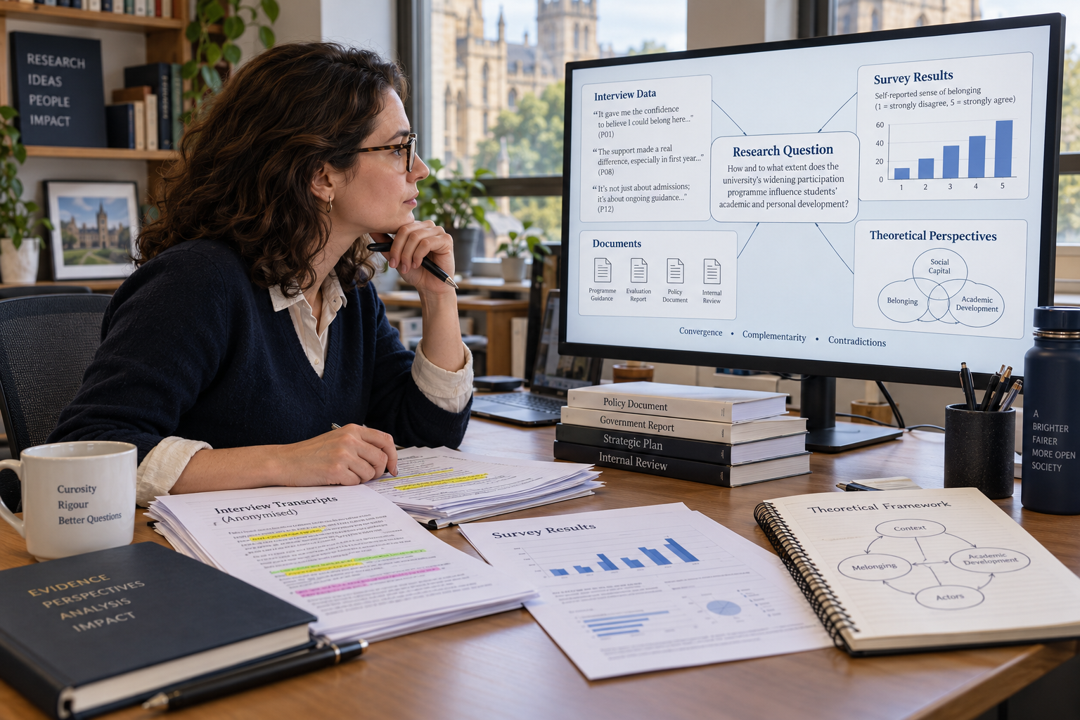 Academic researcher comparing interview data, survey results, documents, and theoretical perspectives linked to a central research question on screen.