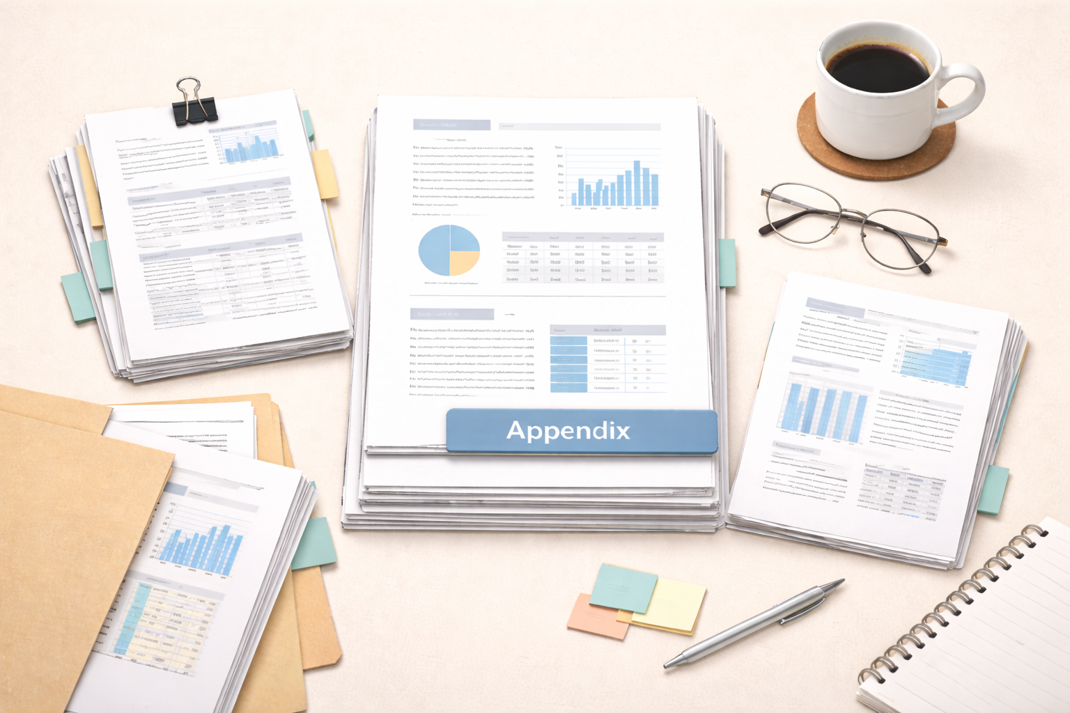 Clean academic illustration showing a structured research paper with a clearly separated appendix section, neatly organised supporting documents, charts, and stationery on a desk, presented in a minimalist, professional scholarly research style.