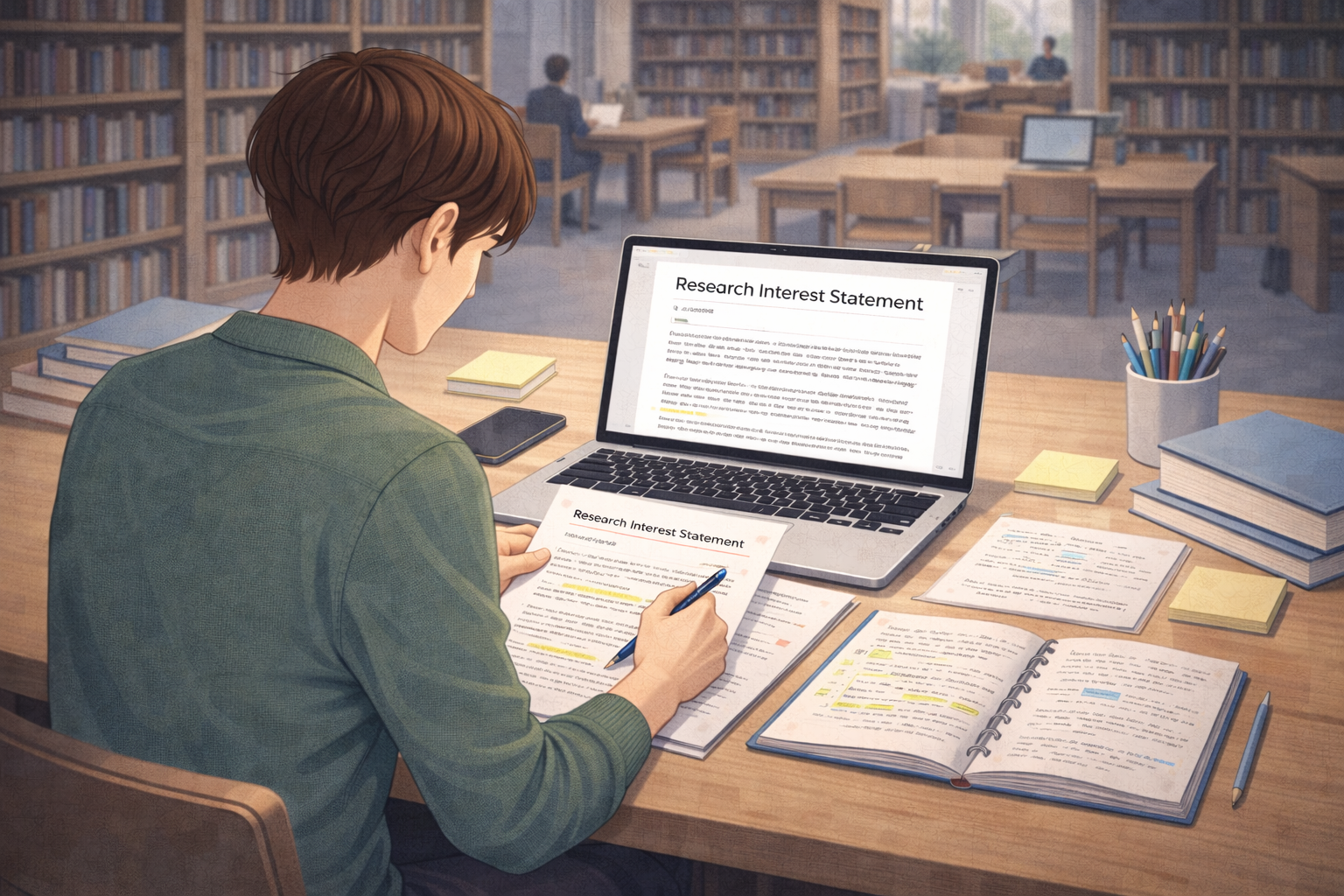 Academic illustration of a graduate student drafting a research interest statement at a desk in a university library, with a laptop displaying the document, handwritten notes, and academic books arranged neatly in a quiet study environment.