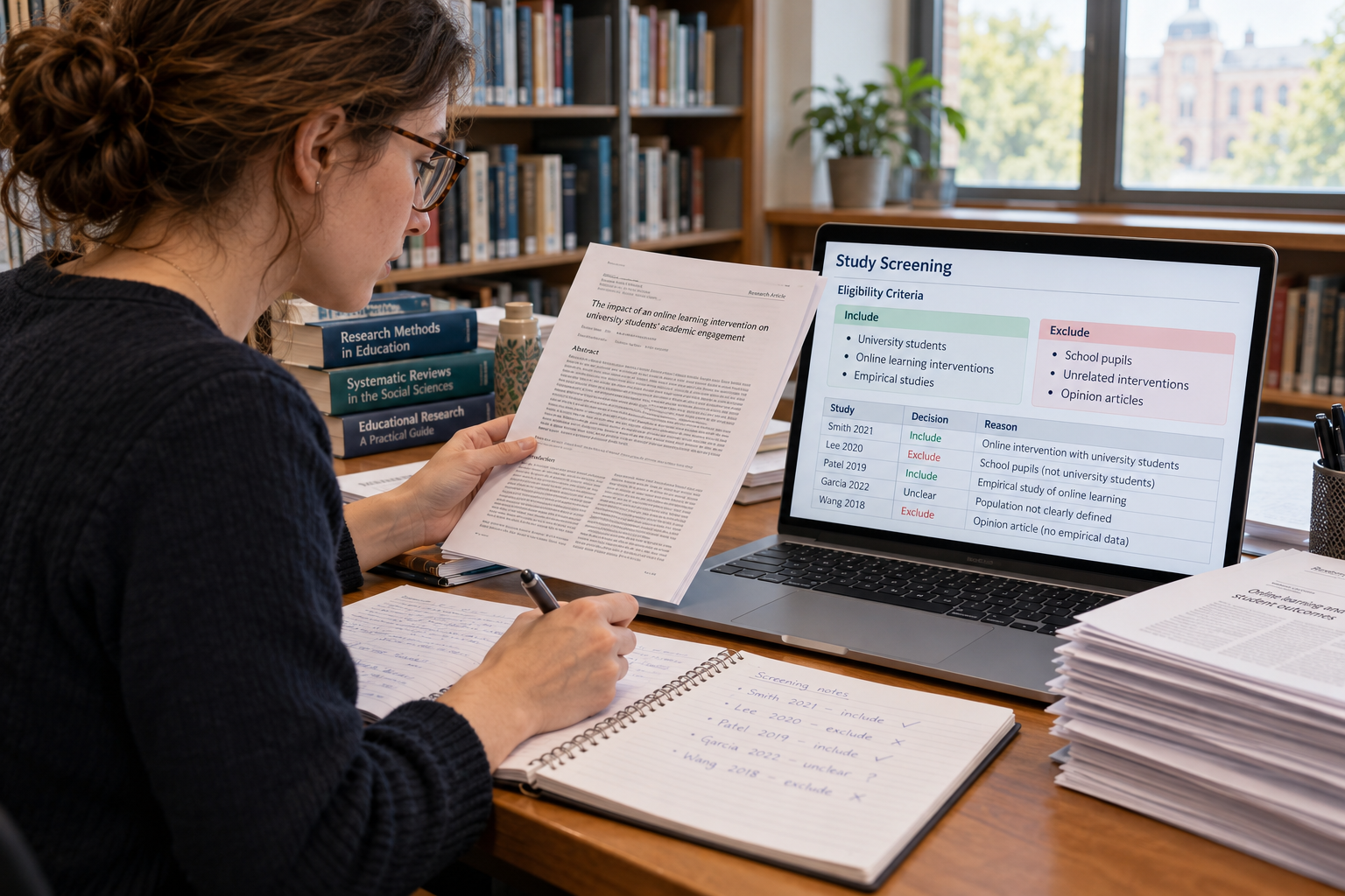 Researcher screening journal articles against systematic review inclusion and exclusion criteria displayed on a laptop.