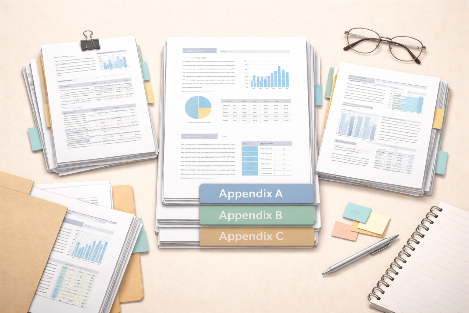 Minimalist academic illustration depicting a research paper with clearly organised appendix pages, structured tables, and supporting documents arranged neatly on a desk, presented in a professional scholarly university-style layout.