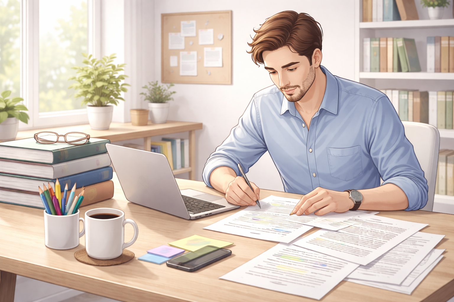 Professional academic writer working at a desk with a laptop, research papers, and annotated notes, set in a calm scholarly environment with neutral tones and a focused, professional atmosphere.