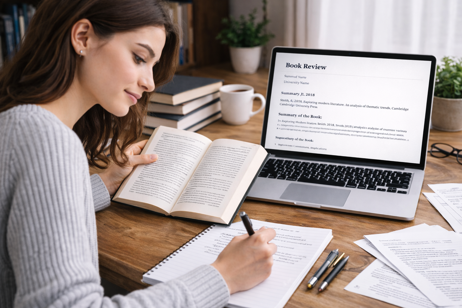 University student reviewing an academic book at a study desk, taking structured notes while formatting an APA-style book review on a laptop in a scholarly academic setting.