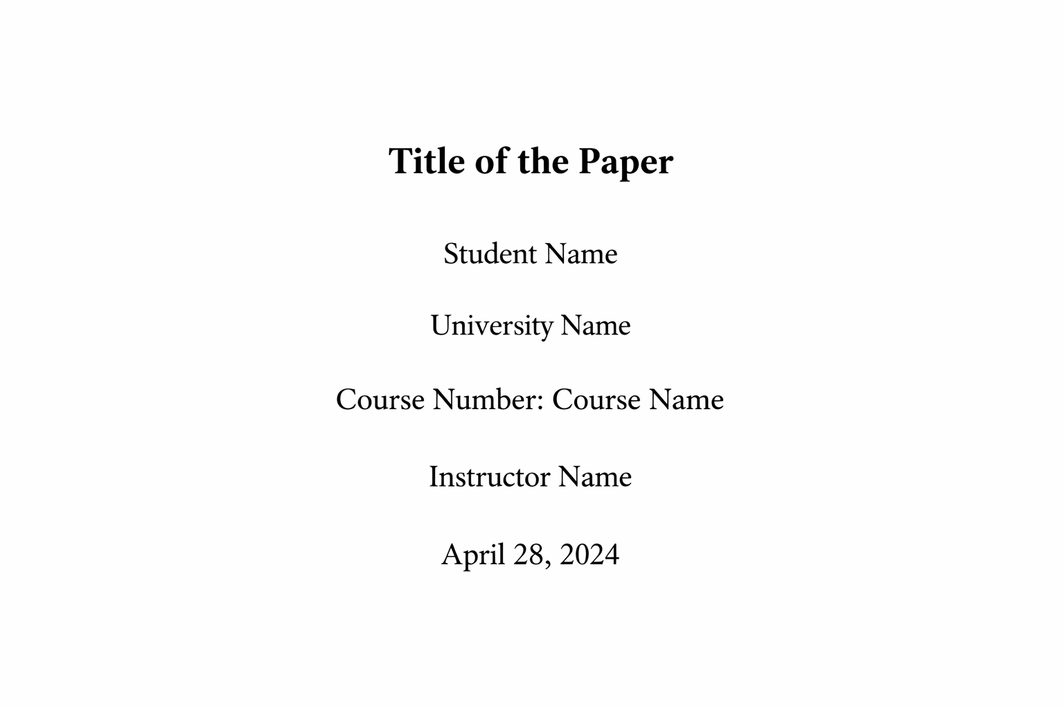 Clean APA 7 student title page mockup displaying a bold centered paper title with student name, university, course number and name, instructor, and due date formatted in a professional academic layout.