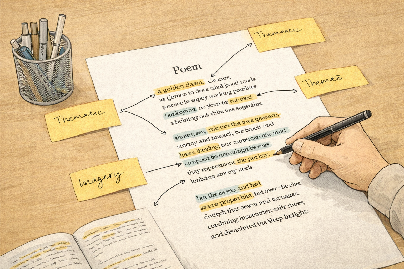Minimalist academic illustration of a poem annotated with thematic notes, highlighted imagery, and connecting arrows that illustrate theme development, presented in a clean university style with neutral scholarly colours.