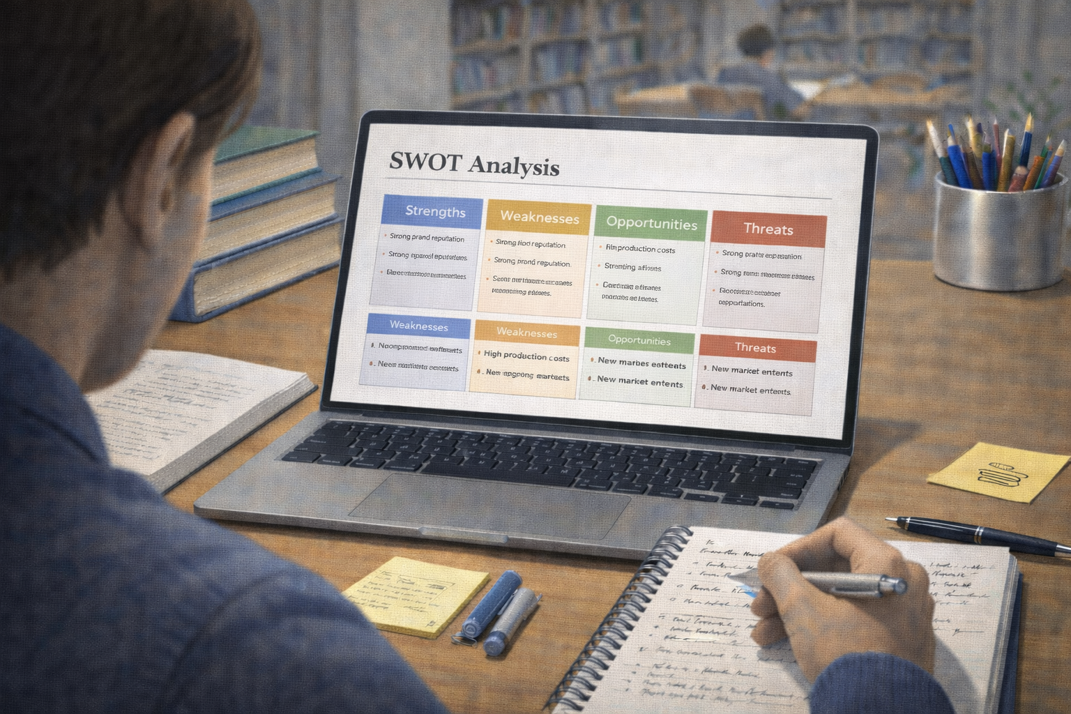 Academic illustration of a university student analysing a case study using a SWOT framework on a laptop, with notebooks and study materials arranged on an academic desk in a professional educational setting.