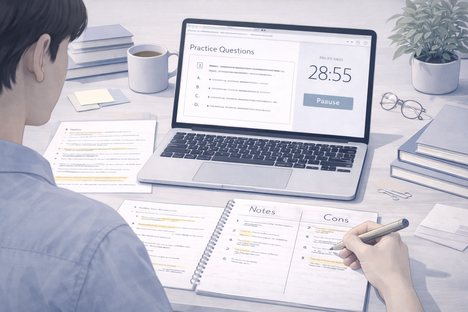 Academic illustration of a university student preparing for an online exam at a desk, reviewing notes and practice questions on a laptop with a paused countdown timer visible, set in a calm and focused study environment.