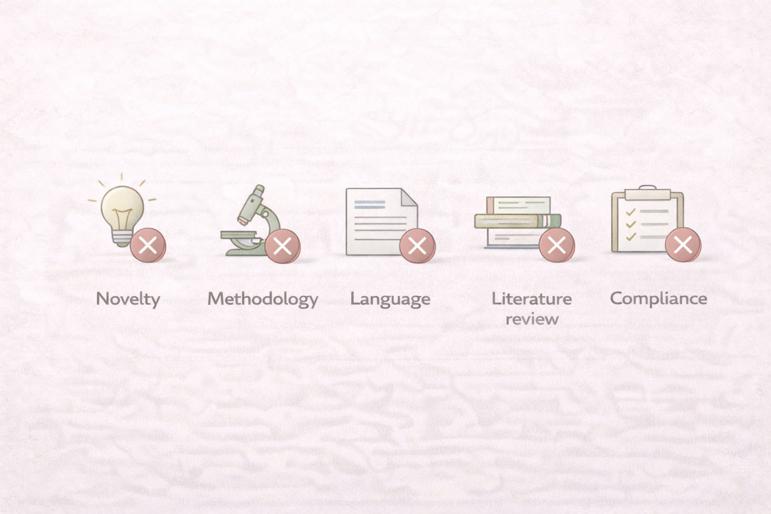 Minimalist academic infographic illustrating five common reasons for rejection in high-ranked academic journals, using icons to represent issues with originality, research methodology, academic language quality, literature review depth, and submission compliance in a clean scholarly design.
