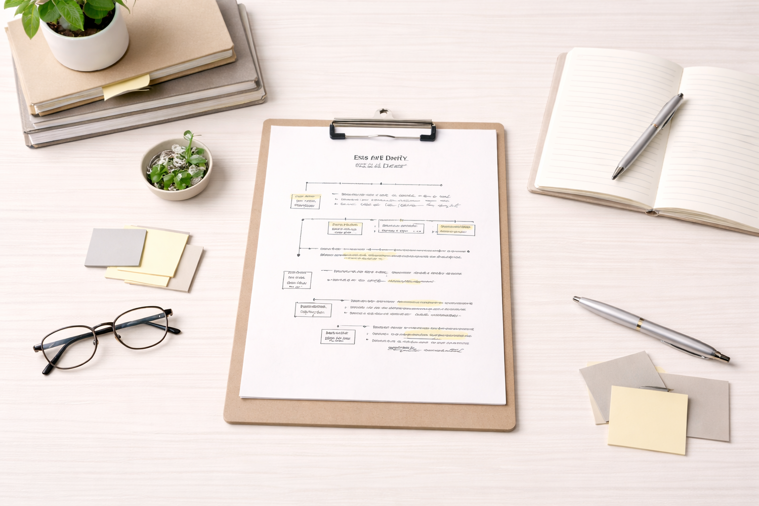 Minimalist academic desk scene showing a neatly organised essay outline on a clipboard, accompanied by books, notes, and stationery, presented in a clean, professional university study environment with neutral tones.