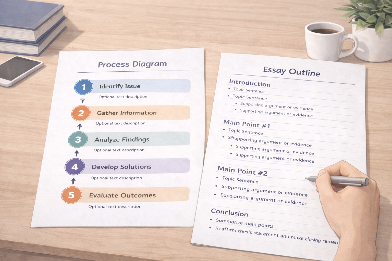 Clean academic desk scene showing a numbered process diagram alongside a structured essay outline on paper, with books and study items arranged neatly in a professional university setting.
