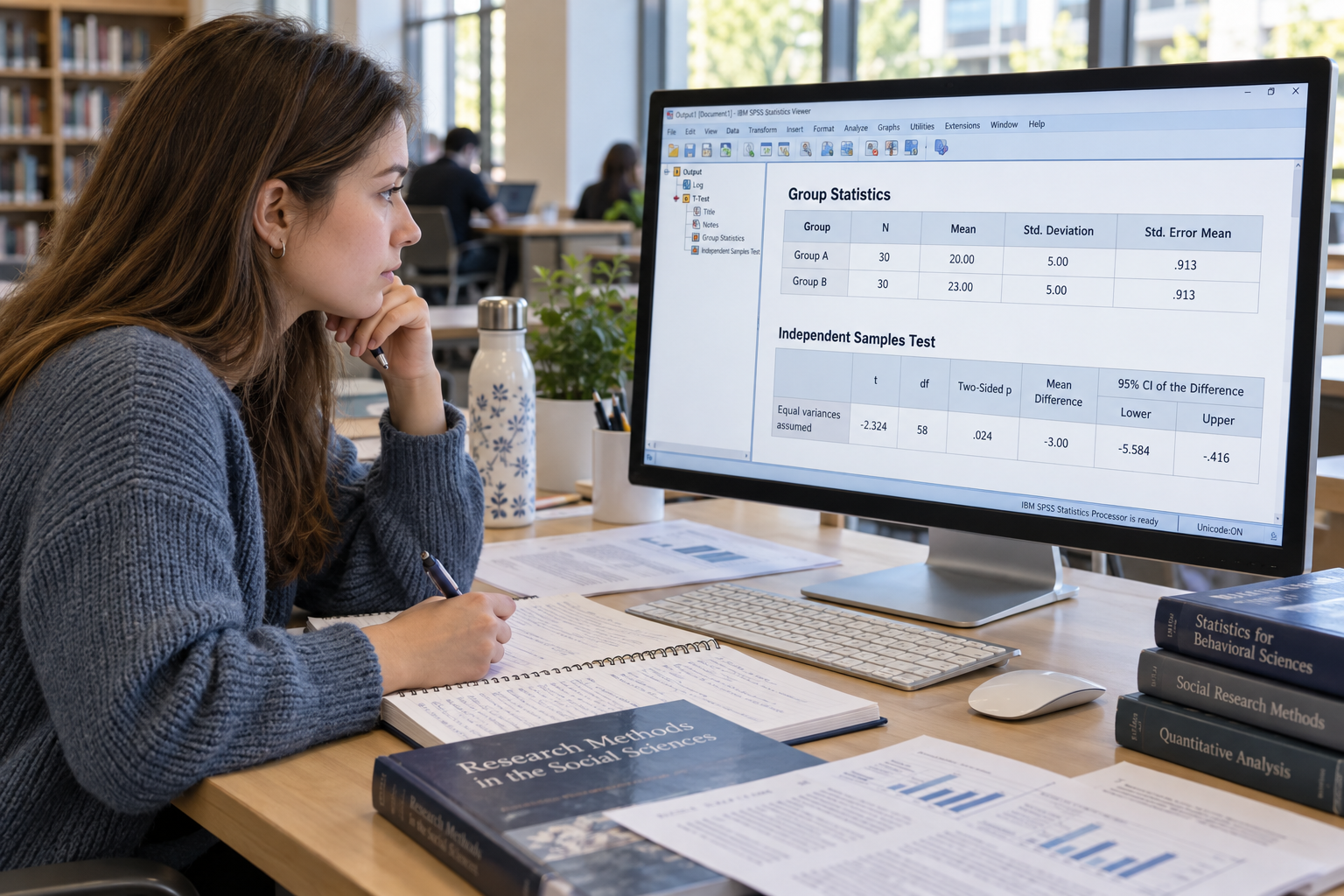 Student interpreting SPSS independent samples t-test results comparing two groups on a computer monitor.