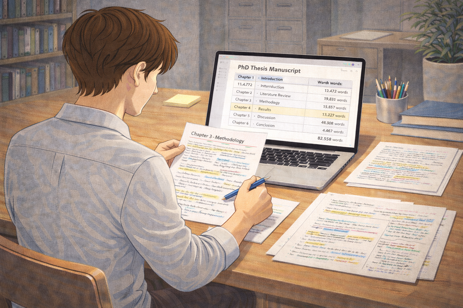 Academic illustration of a doctoral student reviewing a PhD thesis manuscript, with a laptop displaying word-count statistics, printed chapter drafts, and annotated notes arranged across a desk in a quiet academic workspace.